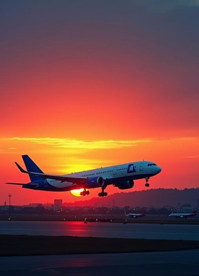 An airplane lands at sunset