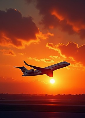 An airplane takes off into a fiery sunset