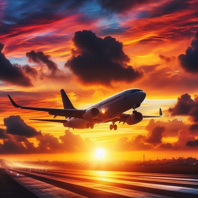 An airplane takes off into a dramatic sunset