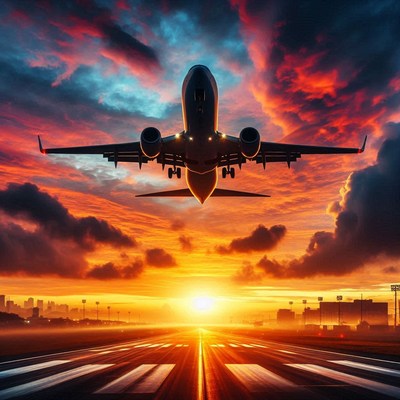 An airplane takes off against a vibrant sunset