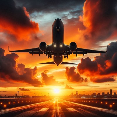 Airplane Landing at Sunset Runway