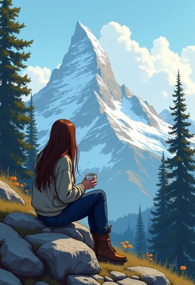 Woman sips coffee, admiring snowy mountain view