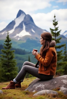 Woman sips coffee with mountain views