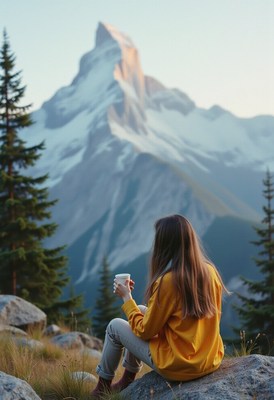Woman sips warmth, admiring snowy mountain peak