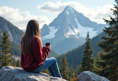Woman sips a warm drink, gazing at mountains