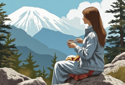 A woman enjoys coffee with a view of a snow-capped mountain