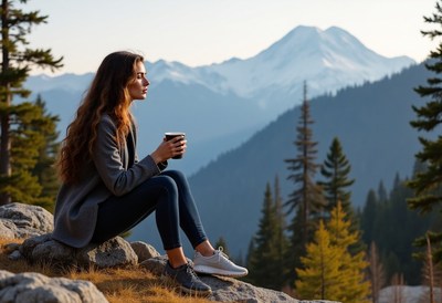 Woman sips coffee with a mountain view