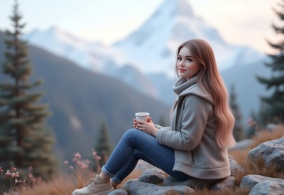 Woman sips a drink on a rock, mountain view