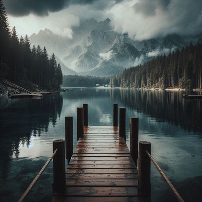 Wooden dock by a calm lake, mountains beyond