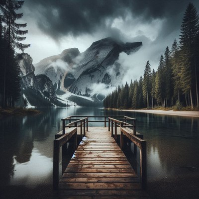 A wooden dock extends into a tranquil lake