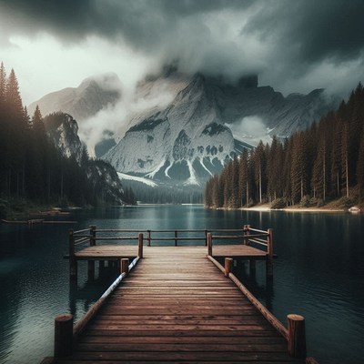 A wooden dock with a railing stretches out into a still lake