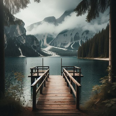 Wooden dock extends into a calm, mountain-bordered lake
