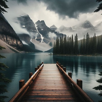 Wooden dock by a still lake near mountains