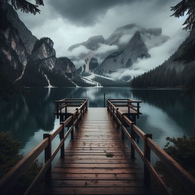 A dock stretches into a misty lake by mountains