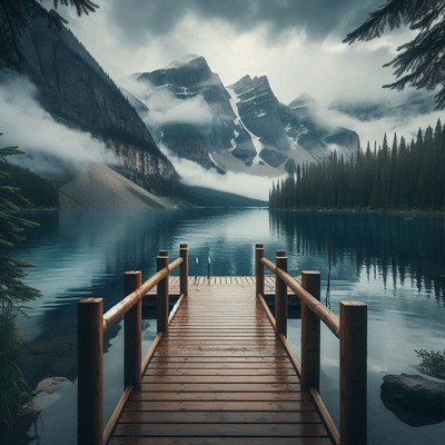 A wooden dock leads to a serene lake in the canadian rockies