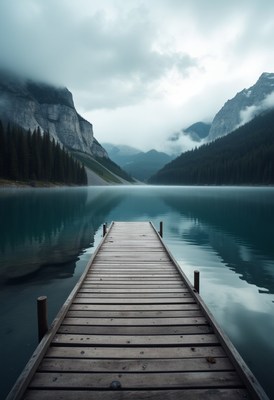 Wooden dock by a misty mountain lake
