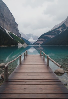 A wooden dock extends into a lake, surrounded by mountains