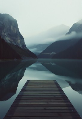 Wooden dock by a misty lake and mountains