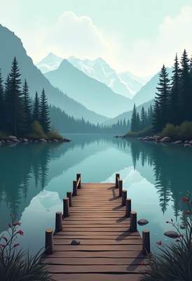 A wooden dock leads out to a tranquil mountain lake