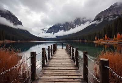 Wooden dock spans a calm lake, framed by mountains