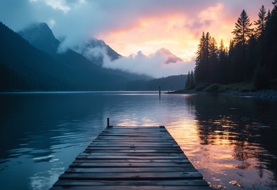 A wooden dock extends into a calm lake at sunset