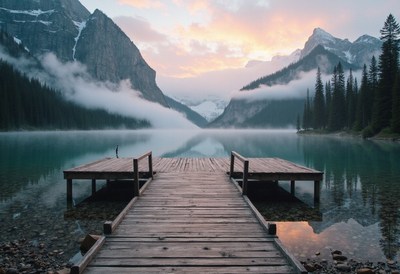 A wooden dock leads to a serene lake surrounded by mountains