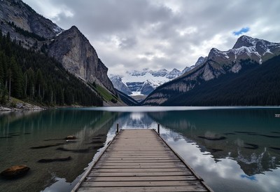 Dock by a serene lake, framed by majestic mountains