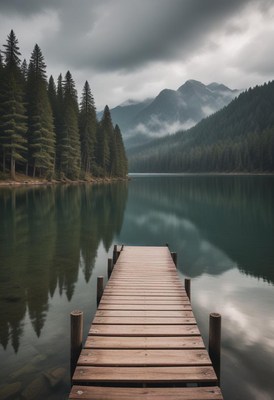 A wooden dock extends into a calm lake