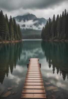 Wooden dock by a foggy lake and mountains