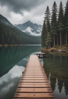 Wooden dock by a calm lake amid mountains