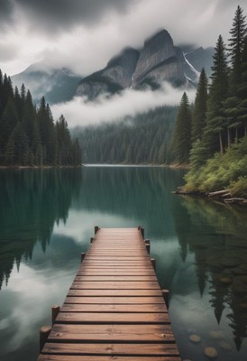 A wooden dock extends into a still lake