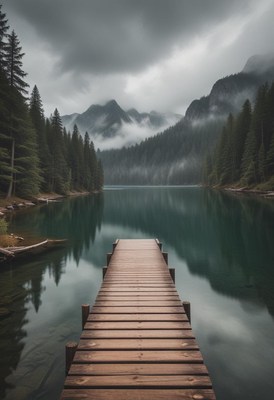 Wooden dock by a peaceful lake and misty mountains