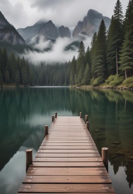 A wooden dock extends into a tranquil mountain lake