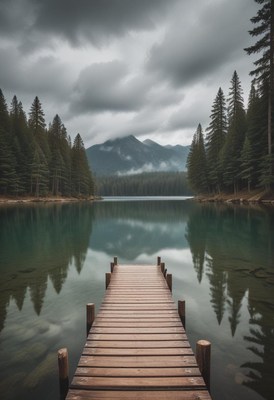 Dock extends over a calm lake, framed by trees