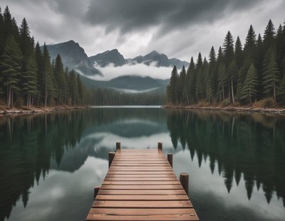 Wooden dock by a calm lake, framed by trees and mountains