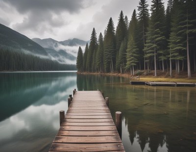 A wooden dock extends out into a calm lake