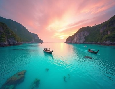 Two boats are anchored in a calm bay at sunset