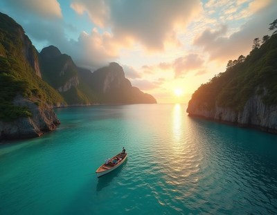 A lone boat sails through a scenic bay at sunset