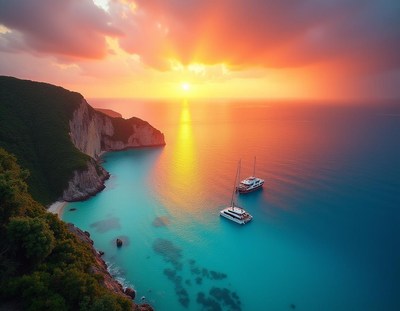 Two boats anchor at sunset over a rocky cliff