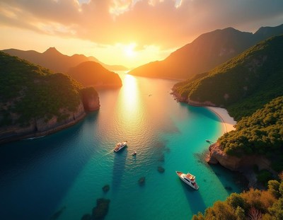 Two boats sail near a beach at sunset