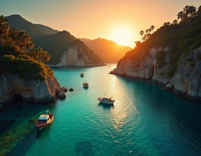 Boats sail through a narrow bay at sunset