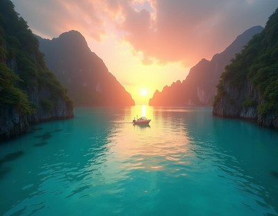 A boat sails through a serene bay at sunset