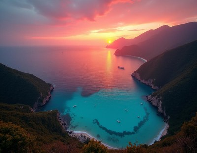 A beautiful sunset over a secluded cove