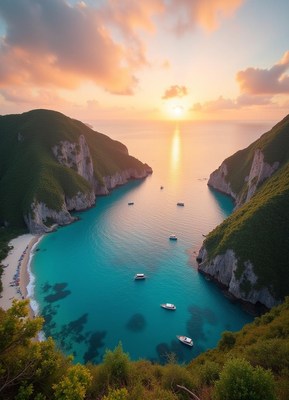 A secluded cove in greece at sunset
