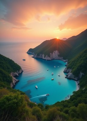 A picturesque cove with boats at sunset