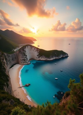 A secluded beach with boats at sunset