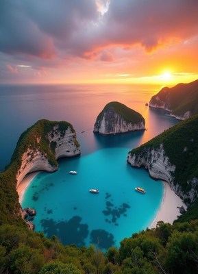 A secluded cove with boats at sunset in indonesia