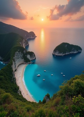A beautiful beach cove in greece at sunset
