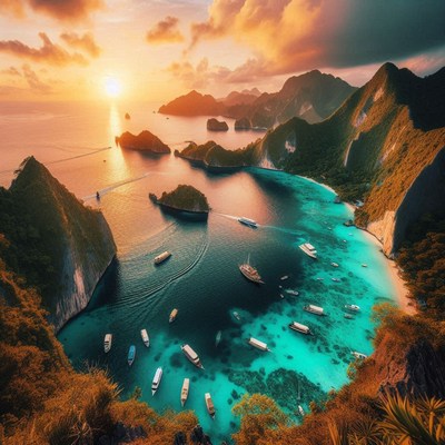 A vibrant sunset over a tropical island bay