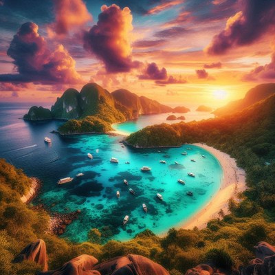 A stunning sunset over a tropical island